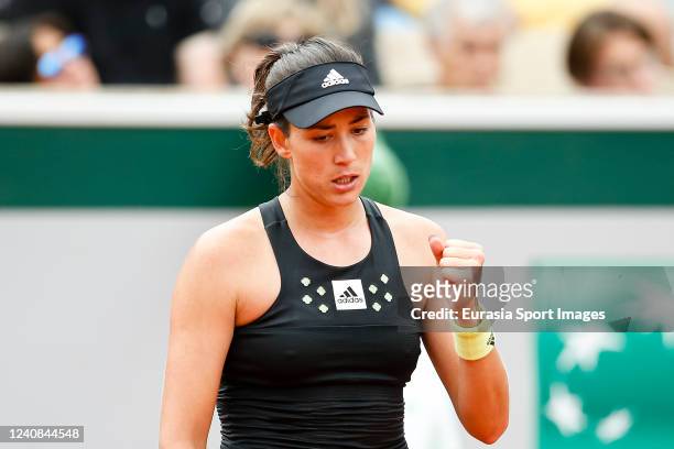 Garbine Muguruza of Spain plays against Kaia Kanepi of Estonia during the 2022 French Open at Roland Garros on May 22, 2022 in Paris, France.
