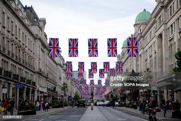 View of Union Jack flag decorations in Regent Street, London. Union Jack flags decoration are seen in central London in preparation for the Queen's...