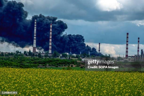 Smoke rises to the sky after Russian shells hit Lysychansk oil refinery. Lysychansk is an elongated city on the high right bank of the Donets River...