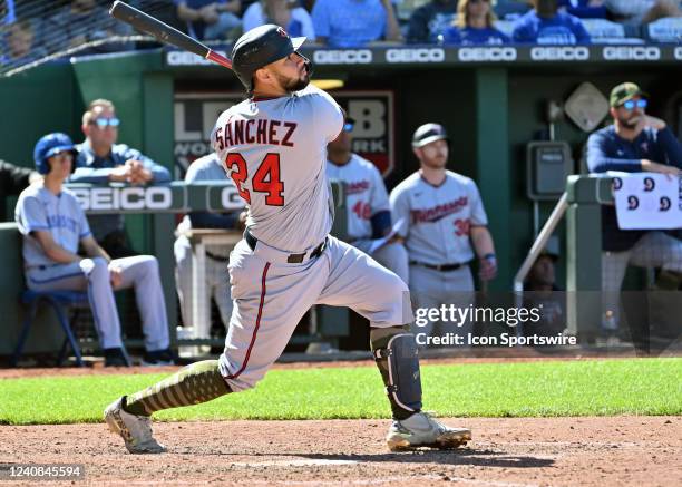 Minnesota Twins catcher Gary Sanchez ties the game on a sacrifice fly in the ninth inning during a MLB game between the Minnesota Twins and the...