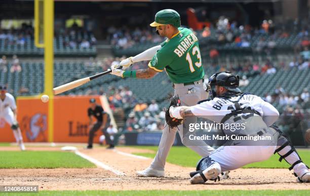 Luis Barrera of the Oakland Athletics bats during the game against the Detroit Tigers at Comerica Park on May 12, 2022 in Detroit, Michigan. The A's...