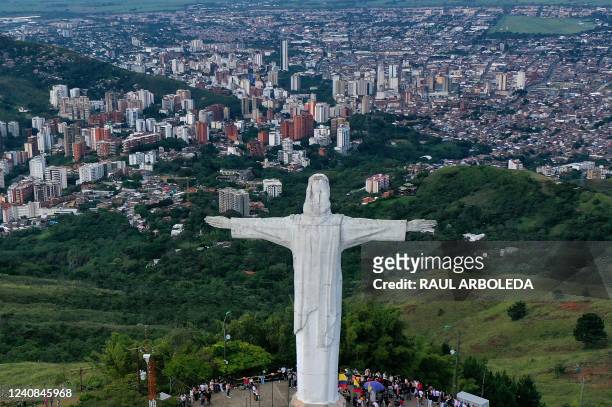 Aerial view of Cristo Rey statue in Cali, Colombia, on May 22, 2022.