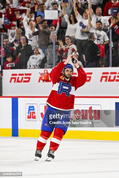 Laval Rocket left wing Danick Martel , first star of the game, salutes the crowd during the game 1 of round 3 of the Calder Cup Playoffs between the...