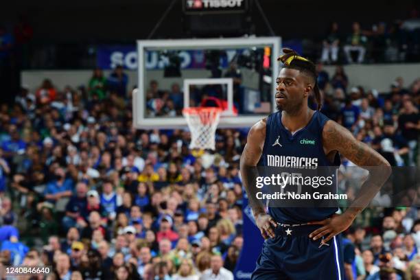 Reggie Bullock of the Dallas Mavericks looks on during Game 3 of the 2022 NBA Playoffs Western Conference Finals on MAY 22, 2022 at the American...