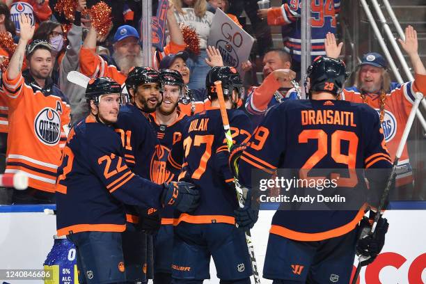 Evander Kane, Connor McDavid, Tyson Barrie, Brett Kulak and Leon Draisaitl of the Edmonton Oilers celebrate after a goal during Game One of the...