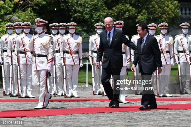 President Joe Biden and Japanese Prime Minister Fumio Kishida attend a welcome ceremony at the Akasaka Palace in Tokyo on May 23, 2022.