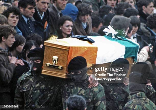 The paramilitary funeral of IRA member Bobby Sands at the Milltown Cemetery in Belfast, England on 7th May, 1981. Bobby Sands died on the 66th day of...