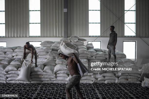 Men carry a bags of wheat to be loaded on an aid truck in a UN storehouse on the outskirts of Semera, Afar region, Ethiopia, on May 15, 2022....