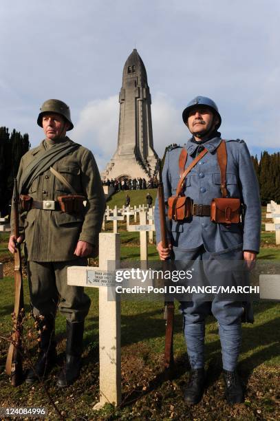 90th anniversary of World War One armistice, at the national Necropolis of Douaumont in Douaumont, France on November 11th, 2008- People wearing...