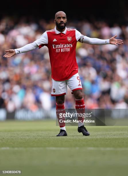 Alexandre Lacazette of Arsenal during the Premier League match between Arsenal and Everton at Emirates Stadium on May 22, 2022 in London, United...