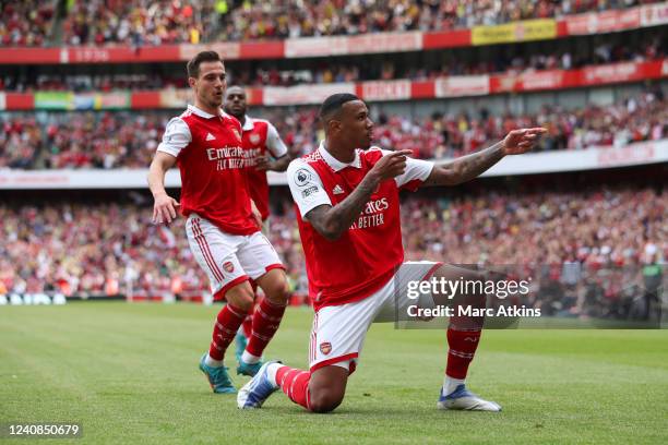 Gabriel of Arsenal celebrates scoring his goal with Cedric Soares during the Premier League match between Arsenal and Everton at Emirates Stadium on...