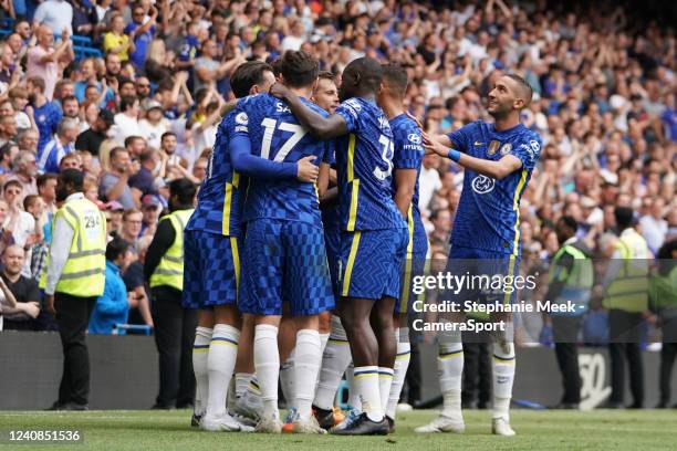 Chelsea celebrates scoring their side's second goal during the Premier League match between Chelsea and Watford at Stamford Bridge on May 22, 2022 in...