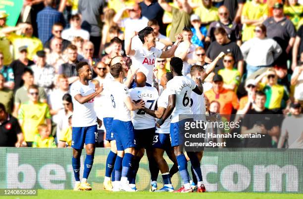 Tottenham Hotspur celebrates Son Heung-Min scoring his side's fourth goal during the Premier League match between Norwich City and Tottenham Hotspur...