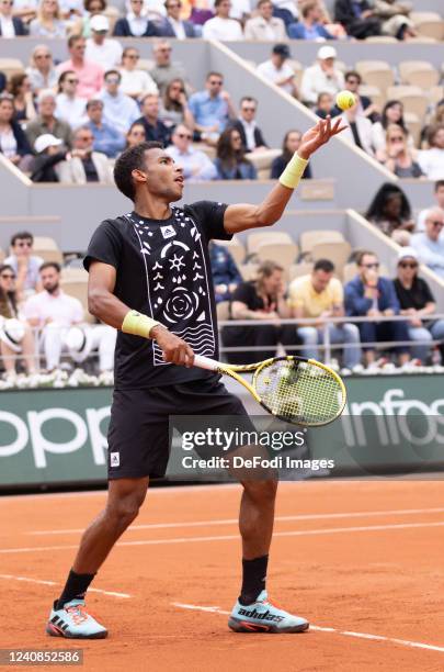 Felix Auger-Aliassime of Canada during the Men's Singles First Round match against Juan Pablo Varillas of Peru on Day 1 of The 2022 French Open at...