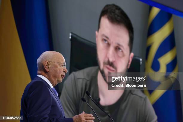 Klaus Schwab, executive chairman of the World Economic Forum , speaks on stage after Volodymyr Zelenskiy, Ukraine's president, delivered a special...