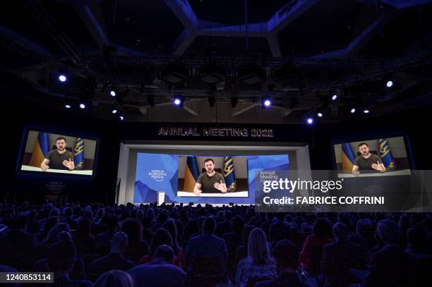 Ukrainia's President Volodymyr Zelensky appears on a giant screen during his address by video conference as part of the World Economic Forum annual...
