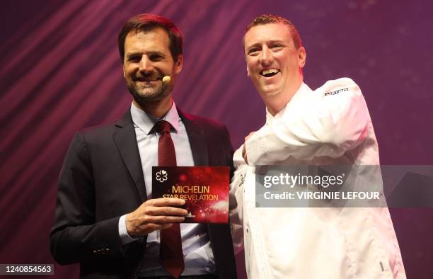 Michelin international director Gwendal Poullennec and Chef Lode De Roover of Fleur De Lin pictured during the presentation of the new edition of the...