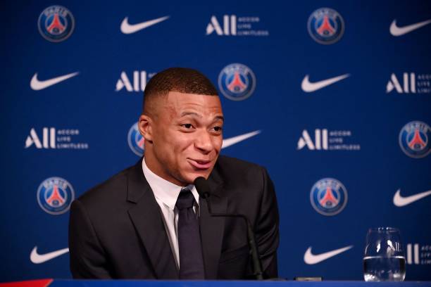 Paris Saint-Germain's French forward Kylian Mbappe attends a press conference at the Parc des Princes stadium in Paris on May 23 two days after the...
