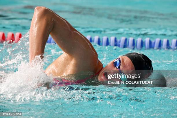 French swimmer Marie Wattel swims during a training session at the elite swim club "Cercle des Nageurs de Marseille" on May 16, 2022 in Marseille,...
