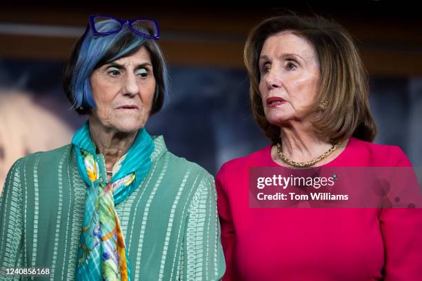 Speaker of the House Nancy Pelosi, D-Calif., and Rosa DeLauro, D-Conn., conduct a news conference in the Capitol Visitor Center on legislation to...