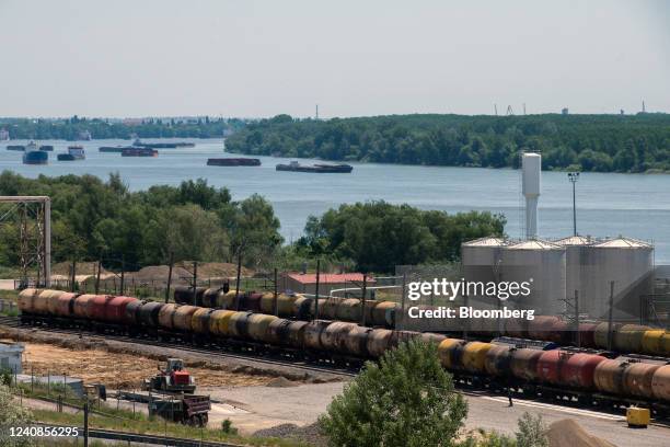 Lines of cargo wagons at the Danube Oil Co. Vegetable oil factory at the Port of Giurgiulesti on the Danube River in Giurgiulesti, Moldova, on...