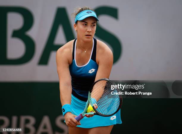 Danka Kovinic of Montenegro in action against Liudmila Samsonova of Russia in her first round match on Day 2 at Roland Garros on May 23, 2022 in...