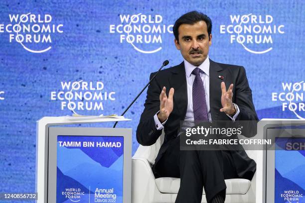 Emir of Qatar Sheikh Tamim bin Hamad al-Thani addresses the assembly during the World Economic Forum annual meeting in Davos on May 23, 2022.