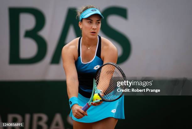 Danka Kovinic of Montenegro in action against Liudmila Samsonova of Russia in her first round match on Day 2 at Roland Garros on May 23, 2022 in...