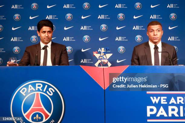 President of Paris Saint-Germain, Nasser Al-Khelaifi and Kilian Mbappe speak to the media after Mbappe signs a new contract with PSG at Parc des...