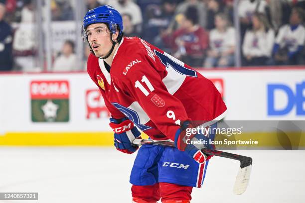 Laval Rocket left wing Rafael Harvey-Pinard waits for a face-off during the game 1 of round 3 of the Calder Cup Playoffs between the Rochester...