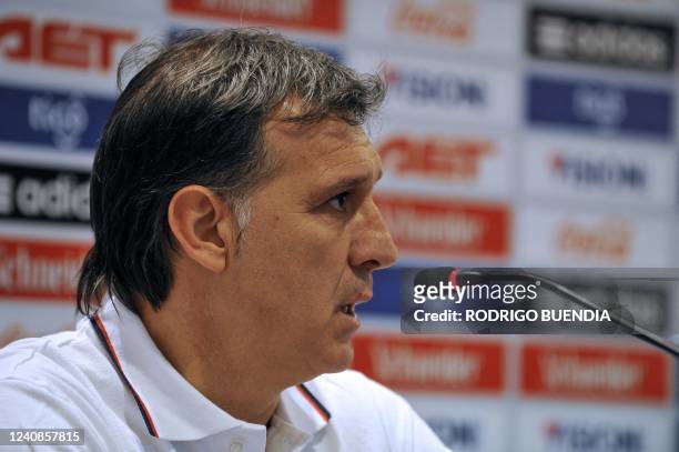 Paraguay's national football team coach Gerardo Martino speaks during a press conference in Cordoba, Argentina on July 7, 2011. Paraguay will face...