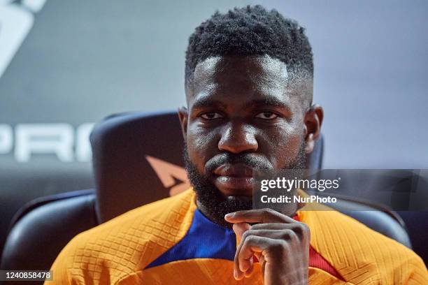 Samuel Umtiti of Barcelona sitting on the bench the LaLiga Santander match between FC Barcelona and Villarreal CF at Camp Nou on May 22, 2022 in...