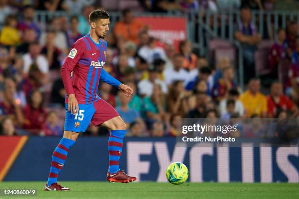 Clement Lenglet of Barcelona controls the ball during the LaLiga Santander match between FC Barcelona and Villarreal CF at Camp Nou on May 22, 2022...