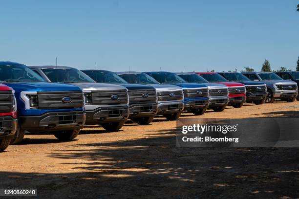 Ford Lightning F-150 pickup trucks during a media event at Vino Farms in Healdsburg, California, US, on Friday, May 20, 2022. With the release of the...