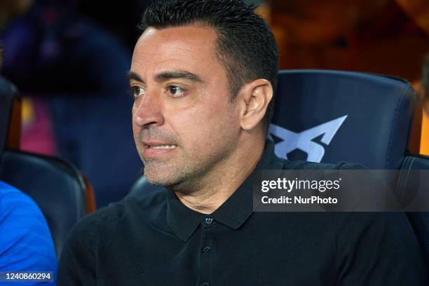 Xavi Hernandez head coach of Barcelona sitting on the bench prior the LaLiga Santander match between FC Barcelona and Villarreal CF at Camp Nou on...