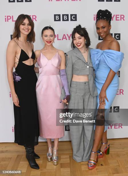 Emma Appleton, Bel Powley, Marli Siu and Aliyah Odoffin attend a photocall for new BBC drama "Everything I Know About Love" at BAFTA on May 23, 2022...