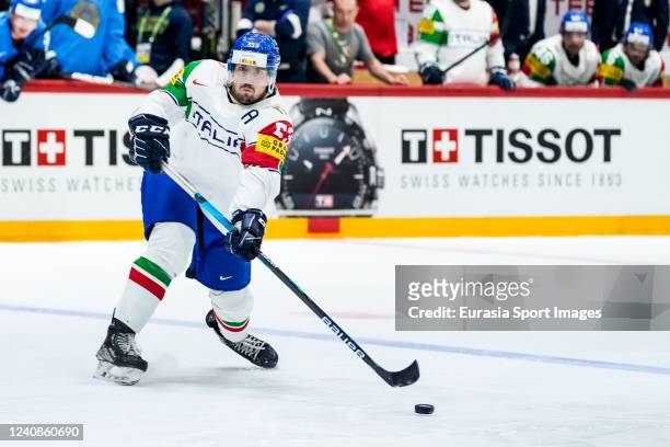 Alex Trivellato of Italy in action during the 2022 IIHF Ice Hockey World Championship match between Kazakhstan and Italy at Helsinki Ice Hall on May...
