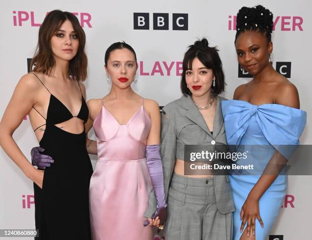 Emma Appleton, Bel Powley, Marli Siu and Aliyah Odoffin attend a photocall for new BBC drama "Everything I Know About Love" at BAFTA on May 23, 2022...