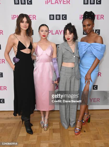 Emma Appleton, Bel Powley, Marli Siu and Aliyah Odoffin attend a photocall for new BBC drama "Everything I Know About Love" at BAFTA on May 23, 2022...