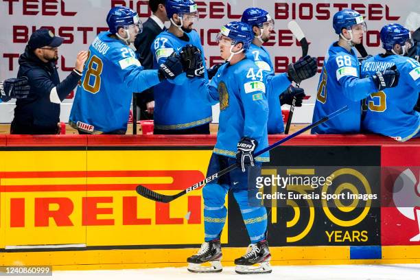 Darren Dietz of Kazakhstan celebrates his goal during the 2022 IIHF Ice Hockey World Championship match between Kazakhstan and Italy at Helsinki Ice...