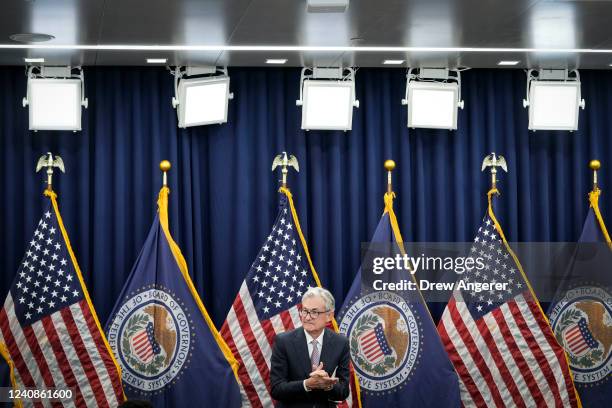 Jerome Powell looks on after taking the oath of office for his second term as Chair of the Board of Governors of the Federal Reserve System at the...