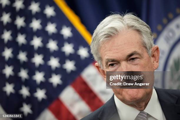 Jerome Powell looks on after taking the oath of office for his second term as Chair of the Board of Governors of the Federal Reserve System at the...