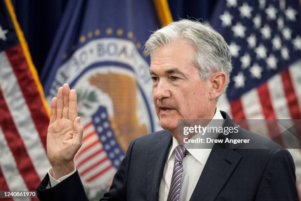 Jerome Powell takes the oath of office for his second term as Chair of the Board of Governors of the Federal Reserve System at the William McChesney...