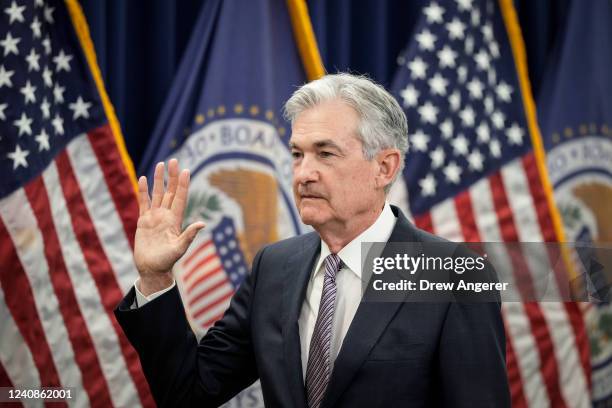 Jerome Powell takes the oath of office for his second term as Chair of the Board of Governors of the Federal Reserve System at the William McChesney...