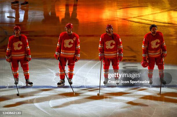 Calgary Flames Left Wing Andrew Mangiapane , Calgary Flames Center Mikael Backlund , Calgary Flames Right Wing Blake Coleman and Calgary Flames...