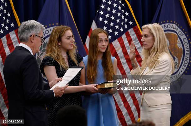 Lael Brainard takes the oath of office as she is sworn-in as Vice Chair of the Board of the Federal Reserve System by Chairman of the Board Jerome...