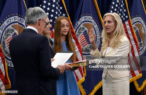 Lael Brainard takes the oath of office as she is sworn-in as Vice Chair of the Board of the Federal Reserve System by Chairman of the Board Jerome...