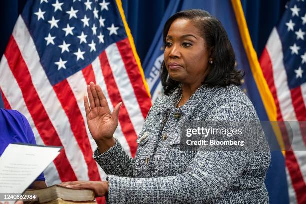 Lisa Cook, governor of the US Federal Reserve, takes the oath of office during a ceremony in Washington, D.C., US, on Monday, May 23, 2022. Cook is...