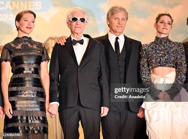 French actress Lea Seydoux, Canadian film director David Cronenberg, US actor Viggo Mortensen and US actress Kristen Stewart arrive for the screening...