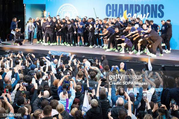 The Manchester City team celebrate winning their forth Premier League title in five years with a parade through the city. Thousands of fans lined the...